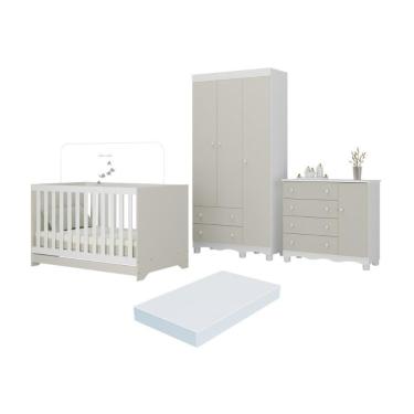 Imagem de Quarto De Bebê Completo Berço Americano 3 Em 1 Colchão Dengo Multimóveis MP4608 Branco-off White