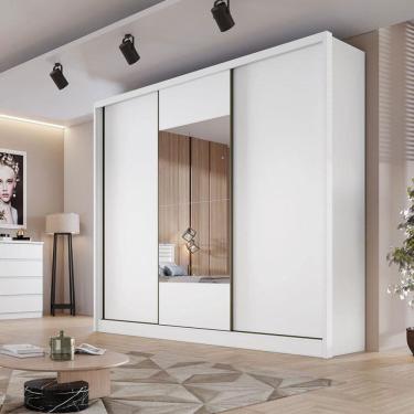 Imagem de Guarda Roupa Casal Ambiente Medelim 3 Portas 6 Gavetas Neve com Espelho – Novo Horizonte