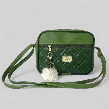 Imagem de Bolsa Feminina OEM Alça Transversal Tira Colo Estampa Moderna com Pompom 19x23x9 cm Verde Militar