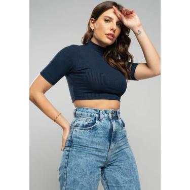 Imagem de Cropped Gola Alta Comfy Malha Canelada Azul Salvatore - Salvatore Fash