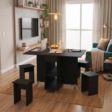 Imagem de Conjunto Mesa Dobrável Tipo Ilha Jade com 4 Bancos Nichos Organizadores e Rodas Preto Infantile Móveis