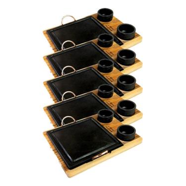 Imagem de Kit 5 Grelhas 10 Molheiras em Pedra Sabão com Suporte 20x20CM Antiaderente para Churrasco Industria São Jose