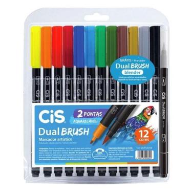 Imagem de Kit Caneta Marcadora Aquarelável Cis Dual Brush 12 Cores com Blender e Pontas Sintéticas