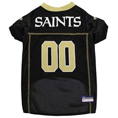 Imagem de Camiseta NFL New Orleans Saints para cães, tamanho: GG. Melhor fantasia de camisa de futebol para cães e gatos. Camisa de jérsei licenciada.