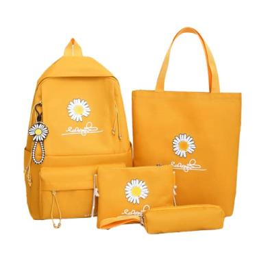 Imagem de Mochila fofa Kawaii, conjunto de 4 peças, estampa de margarida com pingente floral, acessórios estéticos, bolsa escolar para livros, mochila, Amarelo, Large, Mochilas Daypack