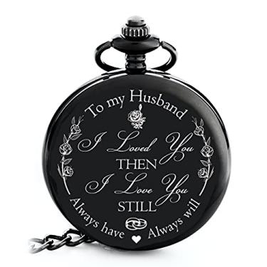 Imagem de FJ FREDERICK JAMES para ele para marido - relógio de bolso gravado "to My Husband" | presente I Love You para marido de aniversário I Valentines I Anniversary para homens, Preto/branco