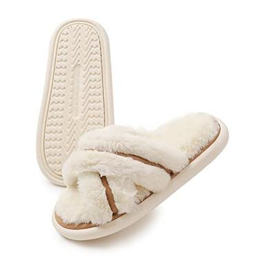 Imagem de Pantufas femininas felpudas macias forradas de pelúcia para uso interno ao ar livre aconchegante com espuma de memória chinelos com faixa cruzada para mulheres com bico aberto para sapatos de casa