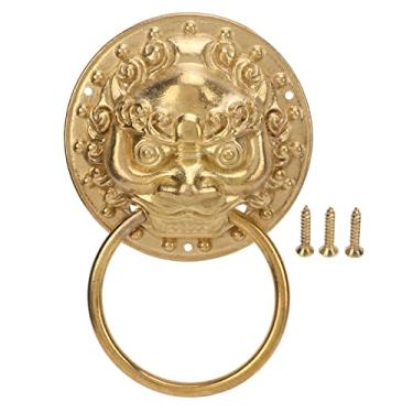 Imagem de Aldrava de porta de latão antigo, estilo chinês, estilo antigo, aldrava de cabeça de leão para decoração, aldrava clássica em forma de cabeça de animal para presente de inauguração de casa