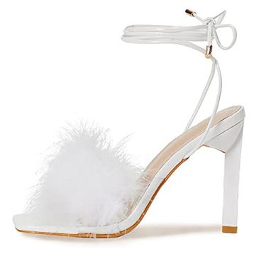 Imagem de Sandálias femininas de salto de penas fofas bico quadrado aberto salto alto sapatos de verão stiletto para mulheres vestido de festa de casamento, branco, 36 EU/5 US