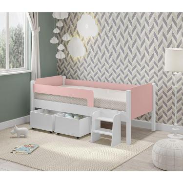Imagem de Cama Infantil com 2 Baus Organizador e Escada Luna Plus Branco com Rosa