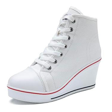 Imagem de Tênis feminino Hurriman Wedge salto alto lona cadarço cano alto zíper lateral moderno, Branco, 8