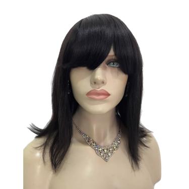 Imagem de Peruca humana curta preta natural lisa 32cm com franja bob