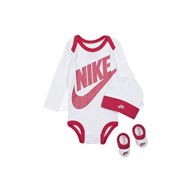 Imagem de Conjunto de 3 peças para body de manga comprida para bebês da Nike, chapéu e botas (rosa choque (LN0134-A9P)/branco, 6-12 meses)