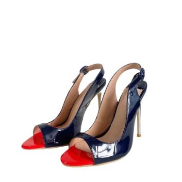 Imagem de Frankie Hsu Sandália sexy elegante de salto alto stiletto, sapatos clássicos de couro envernizado azul vermelho e moderno, grande designer de tamanho grande peep open toe slingback bombas para