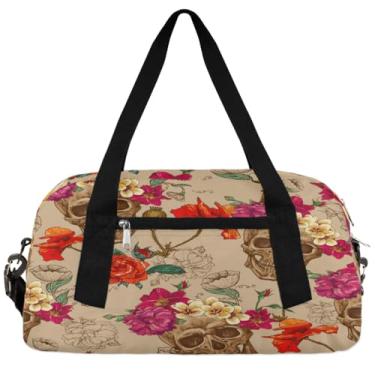 Imagem de Bolsa de viagem infantil com caveira, floral, esportiva, dia do esqueleto, bolsa de ginástica, bolsa de viagem esportiva para meninos e meninas, bolsa de viagem noturna
