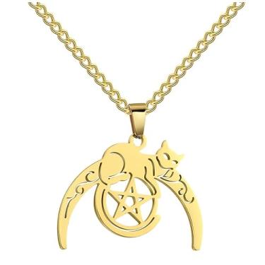 Imagem de VASSAGO Colar com pingente de pentagrama de gato na lua, lua crescente, celta, estrela, pentagrama mágico, Wicca, joias, bruxaria, talismã para homens e mulheres, Aço inoxidável, Sem Pedra Preciosa