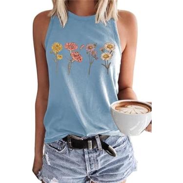 Imagem de Camiseta regata feminina floral casual verão manga cavada sem mangas flores silvestres estampa floral, A - azul, P