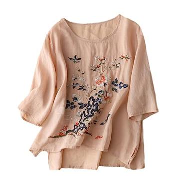 Imagem de Blusa fina de algodão e linho bordada requintada para mulheres verão feminina gola redonda manga curta blusa casual solta, Pacote 86, PP