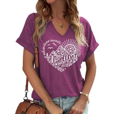 Imagem de Woffccrd Camisetas femininas com gola V vintage estampa sol e lua manga curta férias engraçadas camisetas estampadas, Z Vermelho, XXG