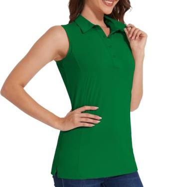 Imagem de Casei Camisetas polo femininas de golfe sem mangas FPS 50+ secagem rápida com gola regata atlética, Verde escuro, XXG