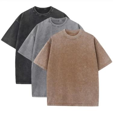 Imagem de Pacote com 3 camisetas masculinas grandes de algodão pesado vintage camiseta folgada manga curta casual para homens, Preto + cinza + cáqui, XXG