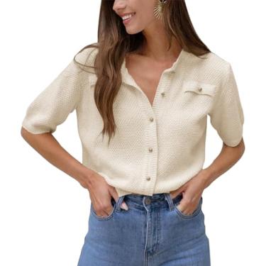 Imagem de Imily Bela Camisetas femininas de botão para o verão, casual, manga curta, gola redonda, malha canelada, Bege, M