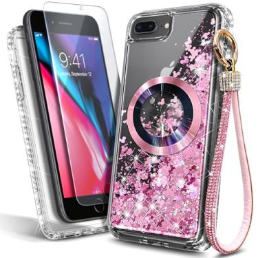 Imagem de WDHD Capa magnética projetada para iPhone 8 Plus, iPhone 7 Plus/6 Plus/6S Plus para MagSafe, protetor de tela de vidro temperado/cordão de pulso, capa fofa líquida flutuante com glitter (ouro rosa)