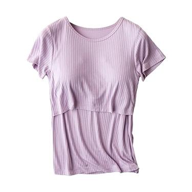 Imagem de Camiseta feminina de malha canelada de cor sólida manga curta gola redonda Camiseta de amamentação, Roxa, M