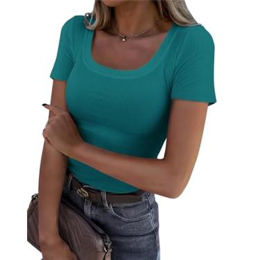 Imagem de Roselux Camiseta feminina de verão com gola redonda, manga curta, malha canelada, justa, casual, básica, Azul-petróleo, GG