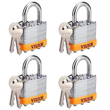 Imagem de VIUIOE Cadeados com Chave - Cadeado Curto para Academia com 4 Peças - Cadeados Laminados com a Mesma Chave para Porta, Bagagem, Portão, Armazenamento, Cerca, Armário, Garagem, Galpão, Trinco - Prata