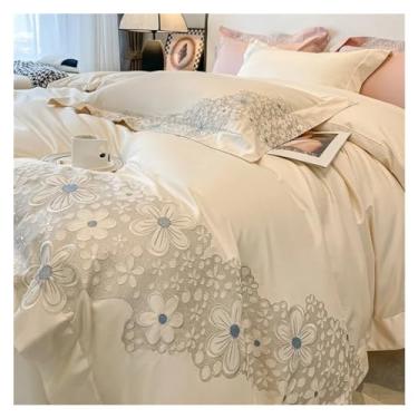 Imagem de Jogo de cama de algodão egípcio, luxuoso, bordado, conjunto de capa de edredom, lençol de cima e fronhas Queen King, conjunto de cama (solteiro branco)