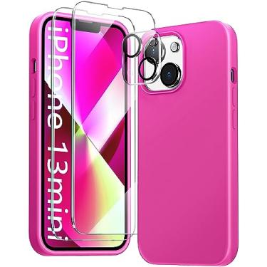 Imagem de JTWIE [Capa 5 em 1 para iPhone 13 Mini 5,4 polegadas, com 2 películas protetoras de tela + 2 pacotes de protetores de lente de câmera, capa protetora fina de silicone líquido à prova de choque (rosa choque)