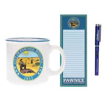 Imagem de Silver Buffalo Caneca de café estilo camper com caneta e bloco de notas, azul/branco (PAR401KB) Parks and Recreation City of Pawnee 590 ml