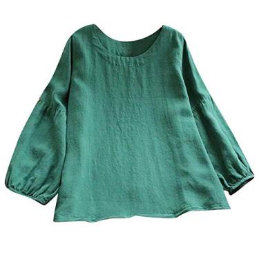Imagem de Camiseta feminina de linho, gola redonda, cor sólida, manga comprida, folgada, casual, confortável, túnica, camisa de verão, Verde, G