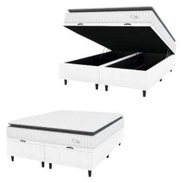 Imagem de Cama Box Colchão Baú Casal Queen Molas Ensacadas City Pillow Top 158x198x64cm Linho Branco/Preto Hellen - Suporta até 110kg por Pessoa