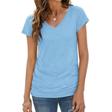 Imagem de Sherosa Camisetas femininas com gola em V, manga curta, casual, macia, lisa, básica, Azul claro, P