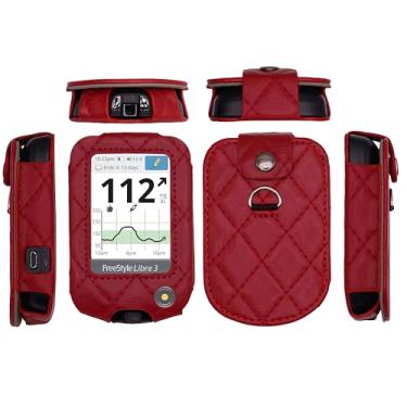 Imagem de Capa de couro xadrez com protetor de tela e cordão para Freestyle Libre 3, Freestyle Libre 2 (vermelho)