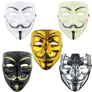 Imagem de DeHasion 5 Packs V Mask Halloween Mask Costume Cosplay Anonymous Masks Hacker mask for Adult Size /1*Gold/1*White/1*Silver/2*Black(5-Pack)