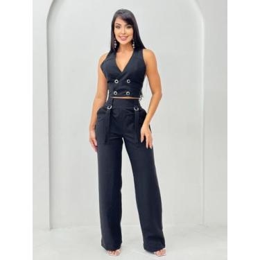 Imagem de Conjunto feminino alfaiataria colete botão forrado e calça pantalona c