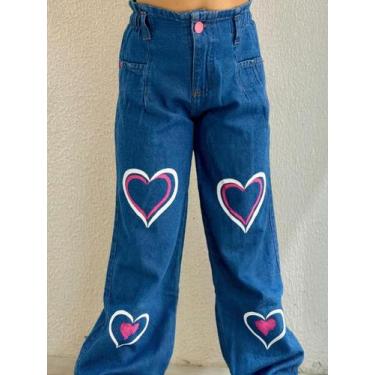 Imagem de Calça Jeans Wide Leg Feminina Infantil Juvenil Com Estampa Coração - P