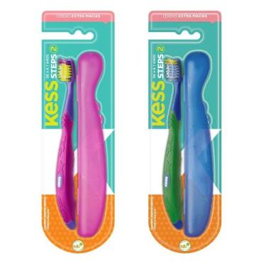 Imagem de Escova Dental Infantil 4 a 7 anos Kit Steps Kess Rosa e Azul, Rosa