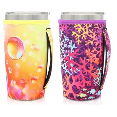Imagem de AJLTPA Suporte de copo com mangas isoladas de neoprene com alça para copos de 590 ml, manga reutilizável para café gelado compatível com Starbucks Trenta, Dunkin grande, mais (gradiente e coral