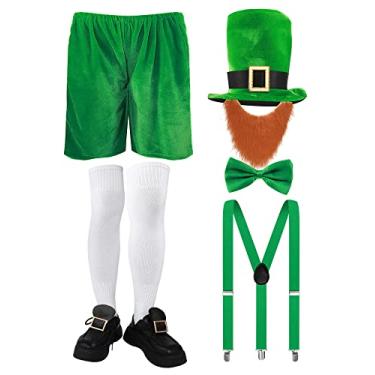 Imagem de 7 peças, fantasia de dia de São Patrício, chapéu de duende, suspensório de barba sintética, shorts de gravata borboleta, meias longas e fivelas douradas, Verde, branco, amarelo, preto, GG