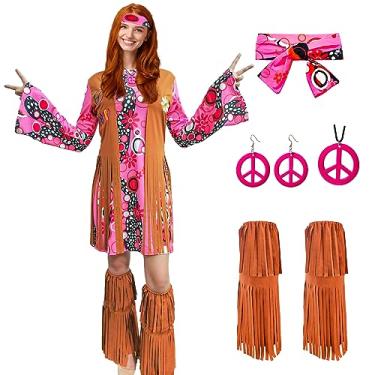 Imagem de ATAMET Roupas femininas dos anos 60, 70, vestido de discoteca, fantasia hippie, conjunto de vestido de festa de Halloween, Rosa A, G