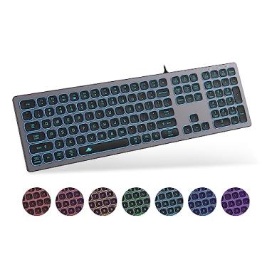 Imagem de POWZAN Teclado com fio silencioso de alumínio retroiluminado - teclado chiclet fino compatível com Apple iMac, MacBook, Mac e PC, teclado numérico USB RGB iluminado - cinza espacial