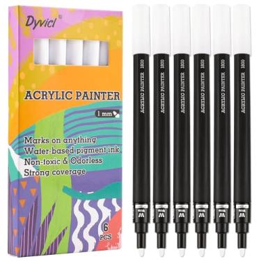 Imagem de Dyvicl Canetas de tinta branca, marcadores de tinta acrílica branca para pintura de rochas, pedra, cerâmica, vidro, madeira, tecido, tela, metal, artesanato DIY, pacote com 6 marcadores de tinta acrílica de ponta fina