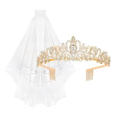 Imagem de YARIEW Conjunto de coroa de ouro + véu de noiva, tiara de casamento com strass, decorações de chá de panela, decorações de despedida de solteira, presente para mulheres