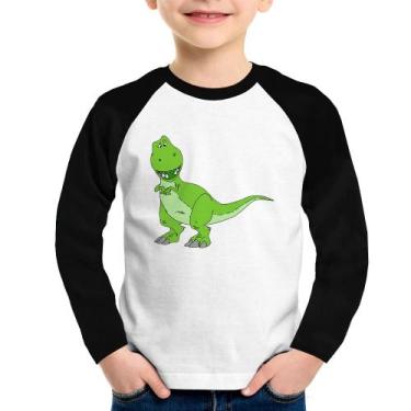 Imagem de Camiseta Raglan Infantil Dinossauro Manga Longa - Foca na Moda, Branco