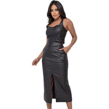 Imagem de saia feminina material sintético midi cintura alta com fenda e possui 