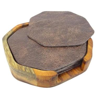 Imagem de Descanso de copo luxo porta copo couro com suporte em madeira - Carmis